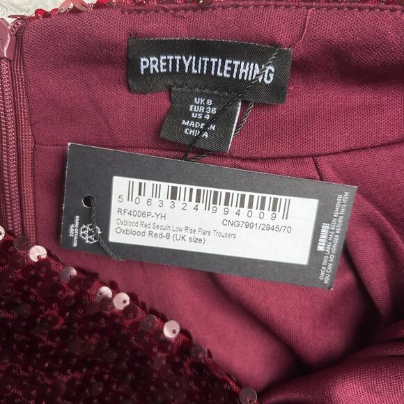 Pretty Little Thing Oxblood Red Sequin Flared Leg Pants US Size 4 - Picture 8 of 8
